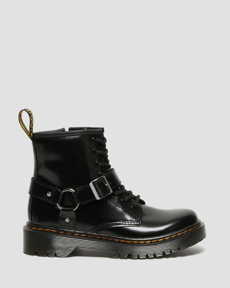 Black Kids' Dr Martens Junior 1460 Harness Leather Casual Boots | CA 658TCE